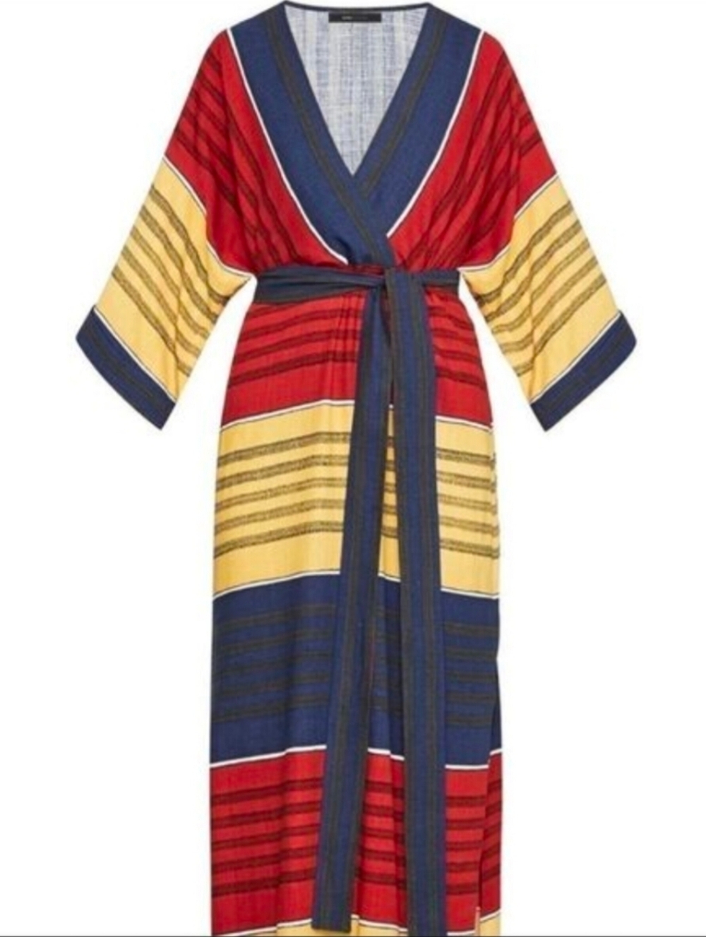 BCBGMaxAzria Red, Yellow & Blue Striped Belted Maxi Dress